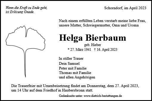 Erinnerungsbild für Helga Bierbaum