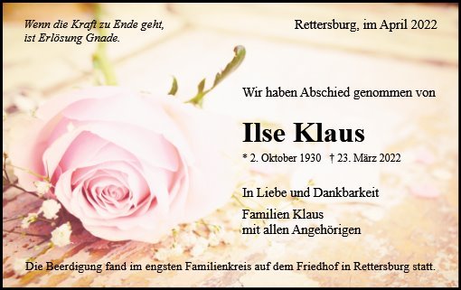 Erinnerungsbild für Ilse Klaus
